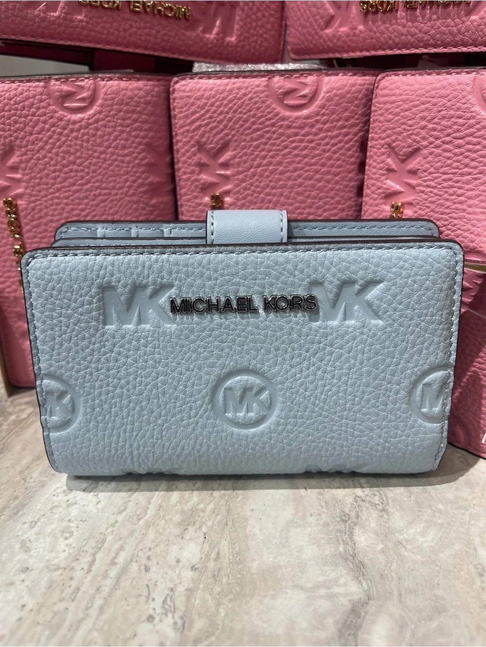 Michael Kors Embossed Logo Trifold Wallet - Light Blue